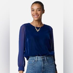 NWT! J. Crew Royal Blue Velvet Women's Blouse with Sheer Sleeves